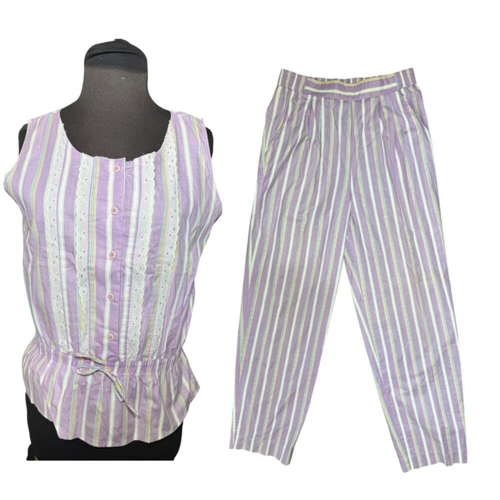 Vtg Pastel Striped Peplum Top Coord Pants Size 7/8 Femme Girlhood Core Coquette